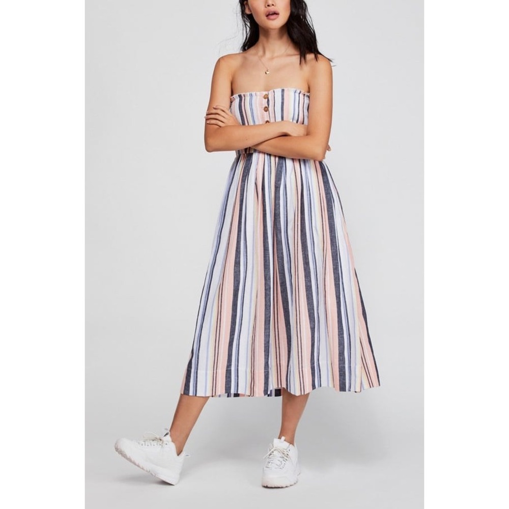Free People Lilah Multi Striped Pleated Midi Dress XS 100% Cotton Sundress
